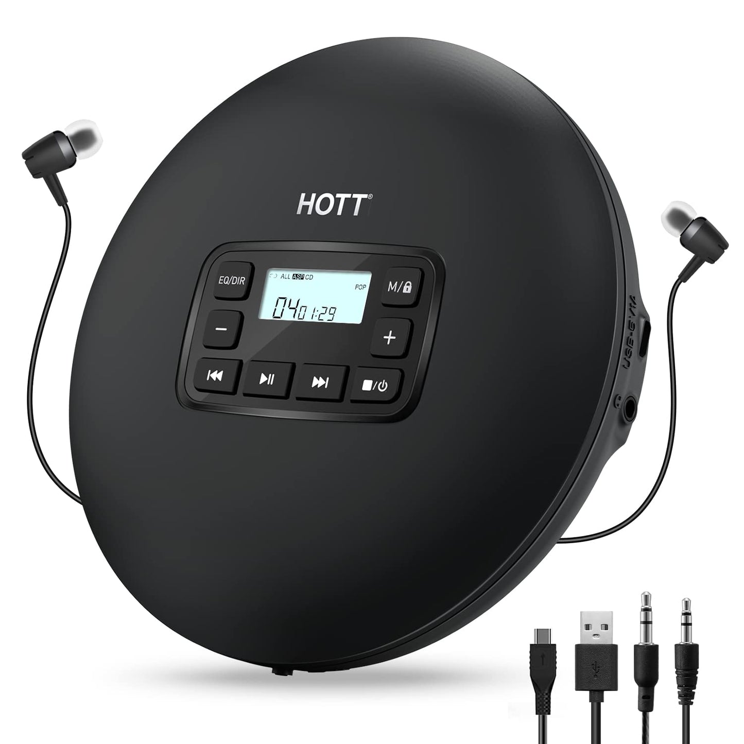 HOTT CD204 Portable CD Player, Walkman Compact Player, portable CD player, MP3 player, with anti-shock headphones, for audiobooks, music, checkers for kids and adults (black)