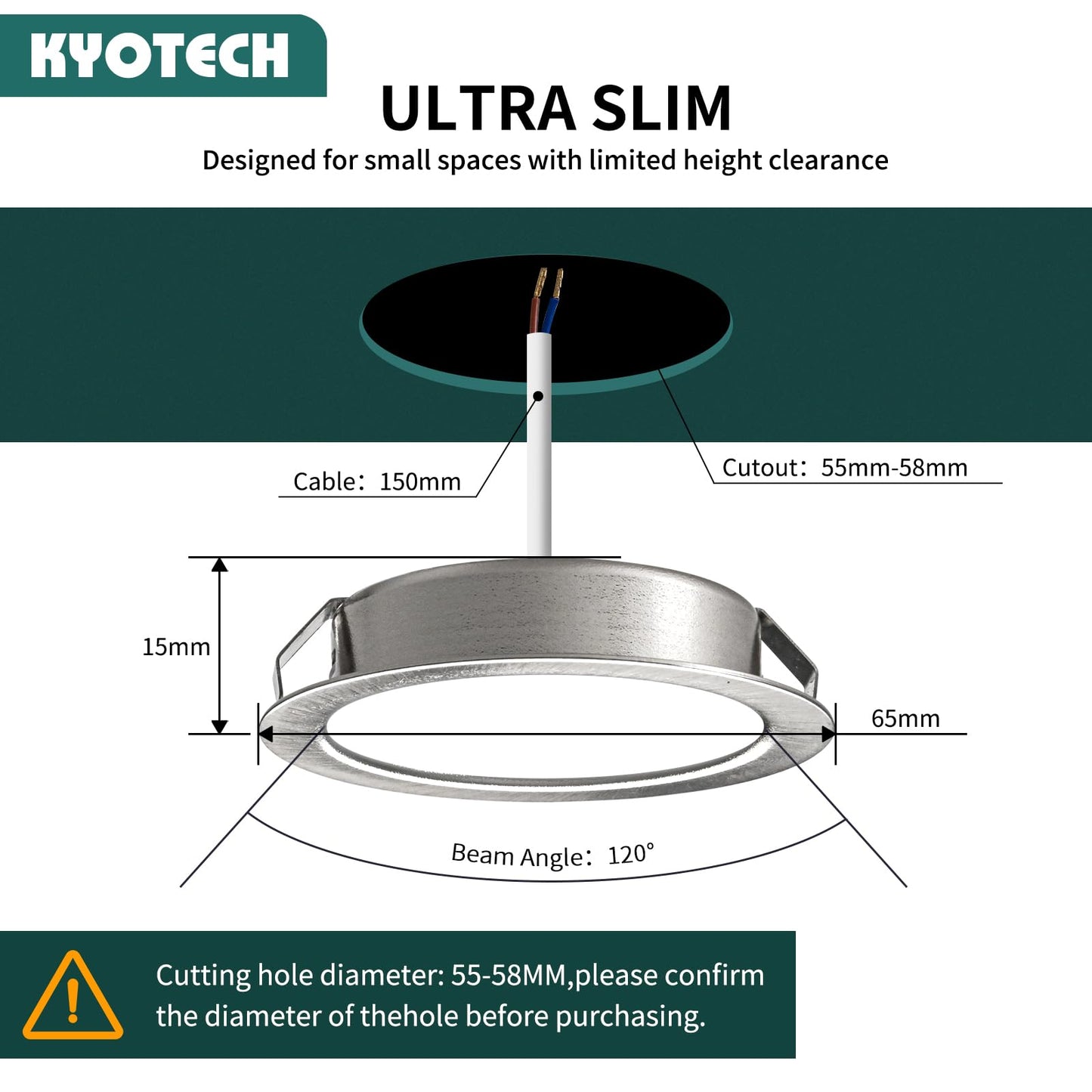 KYOTECH 6-pack of 230V LED furniture lights, 3.5W LED IP44 G4 15mm flat furniture recessed spotlights in brushed stainless steel look, 3000K warm white, kitchen hood light, bathroom spotlight.