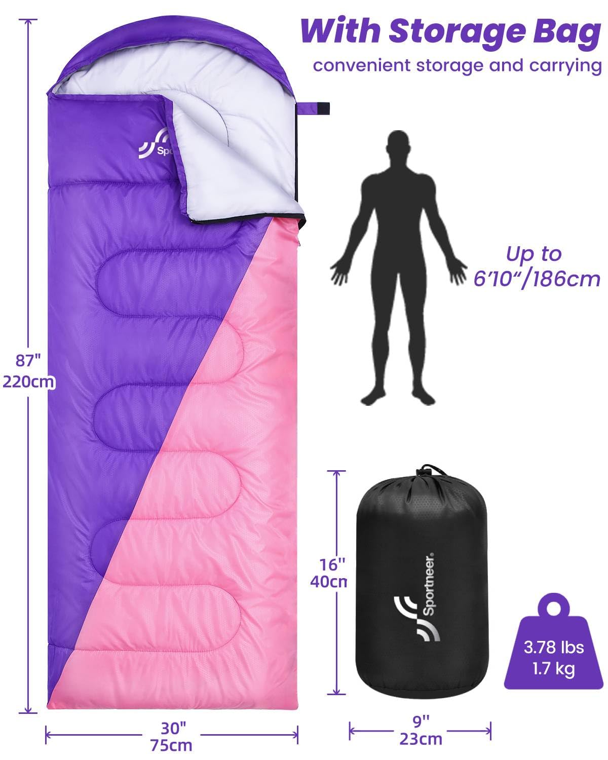 Outdoor camping sleeping bag: Sportneer 3-4 season summer sleeping bag, winter sleeping bag, compact, portable, ultralight 1.7kg with full filling for adult trekking travel.