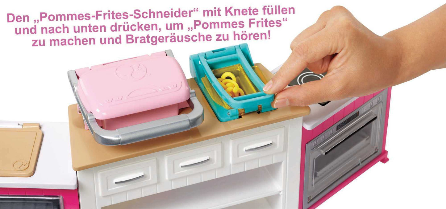Barbie Ultimate Kitchen with 20 accessories, cooking and baking with light and sound effects, 5 dough colors, includes doll, perfect gift for kids, toy for ages 3 and up, GWY53.