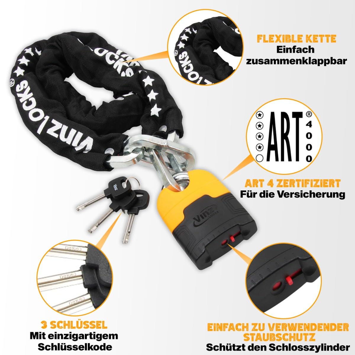 VINZ Makalu chain lock 300cm ø11mm | ART 4 certified | Motorcycle lock Moped lock Scooter & E-scooter | Motorcycle chain lock & armored lock | 120-300 cm (300 cm)