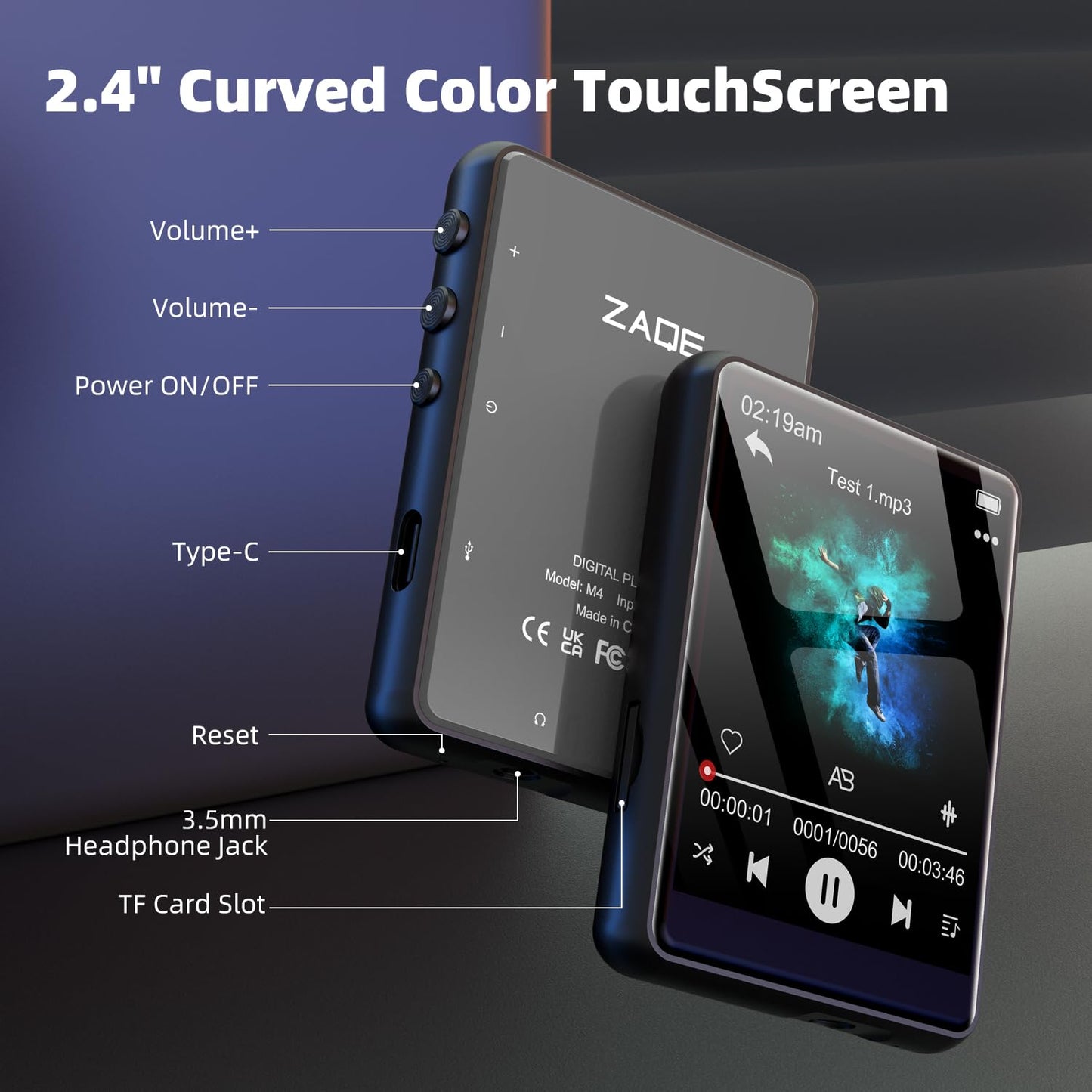 64GB MP3 Player Bluetooth 5.3 2.4" Full Touchscreen Portable MP3 Player with Speaker, Voice Recording, FM Radio, Line Recording Support 128GB Kids Mp3 Player (Black)
