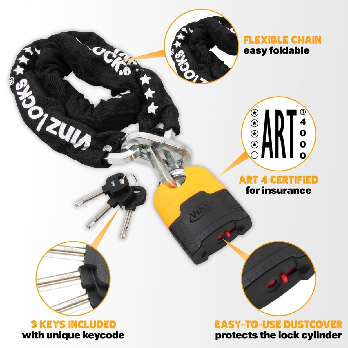 VINZ Makalu chain lock 300cm ø11mm | ART 4 certified | Motorcycle lock Moped lock Scooter & E-scooter | Motorcycle chain lock & armored lock | 120-300 cm (300 cm)