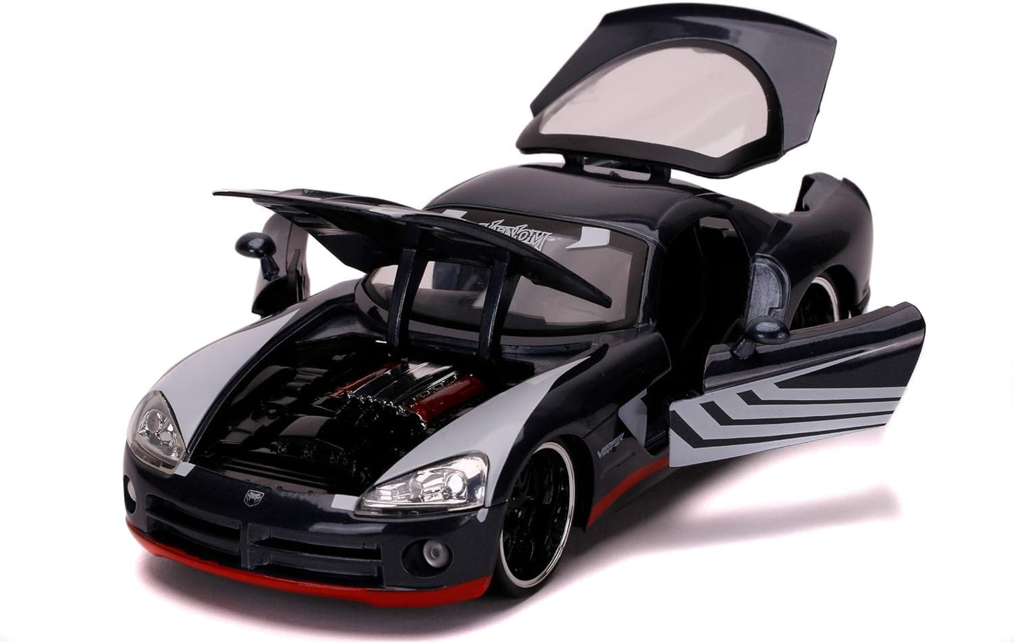 Jada Toys Marvel Venom, 2008 Dodge Viper, SRT10, die-cast toy car with opening doors, trunk, and hood, includes die-cast Venom figure, 1:24 scale, black