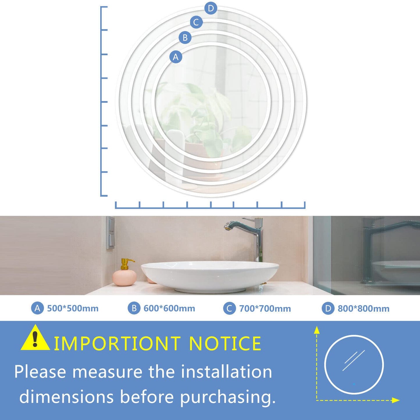 Finmyrs Bathroom Mirror with Lighting Round 50 cm LED Mirror Bathroom with Touch Switch Fog-free Bathroom Mirror Dimmable Illuminated Cool White Warm White 19.69 inch