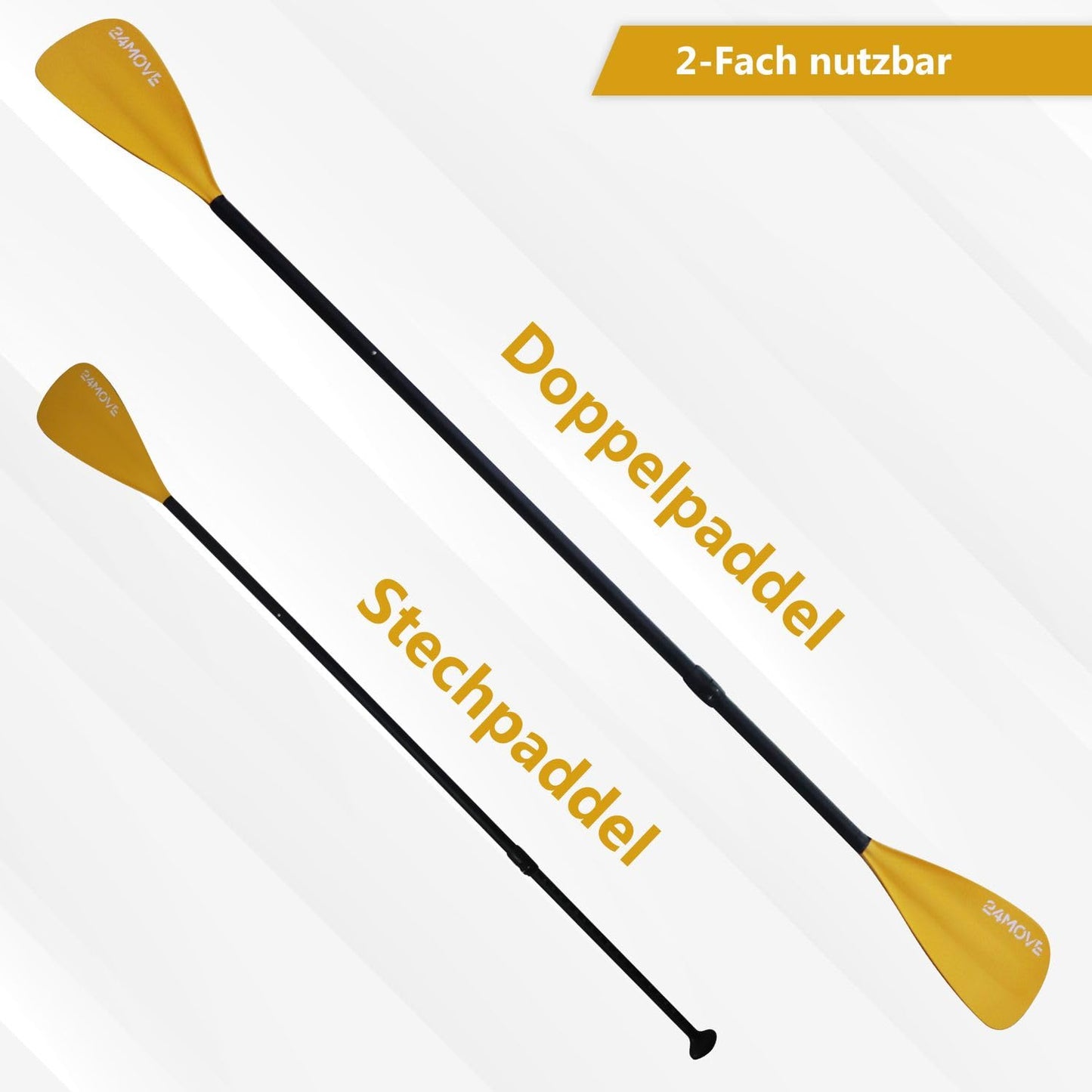 24MOVE® Double Paddle 2 in 1 Telescopic Paddle Push Paddle for SUP Stand Up Board, Kayak, Lightweight Aluminum 230cm, adjustable, yellow