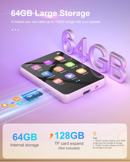 64GB MP3 player with Bluetooth 5.3, portable HiFi sound, 2.4-inch full touchscreen, built-in HD speaker, FM radio, voice recorder, E-book, includes headphones, up to 128GB TF card.