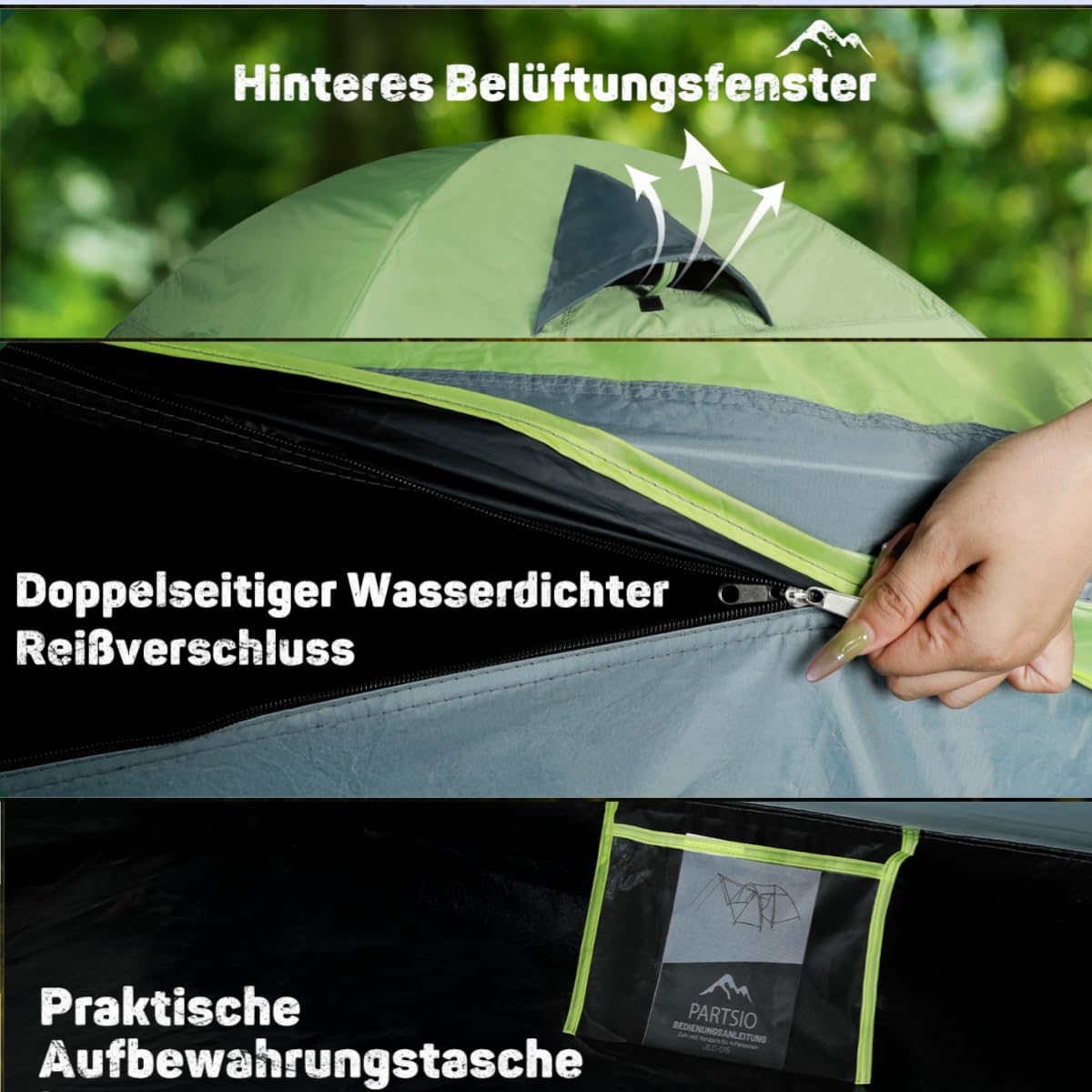 Partsio camping tent with vestibule tent 2-4 people Waterproof 4000mm dome tent Vestibule Detachable for trekking & festival Family camping trip Trekking garden Living space volume: 7.2 m³
