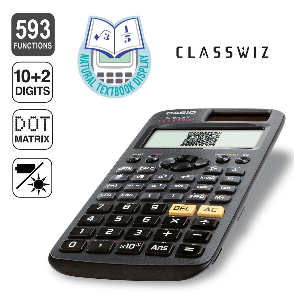 Casio ClassWiz FX-87DE X - technical scientific school calculator (593 functions, QR code function, LCD display) black