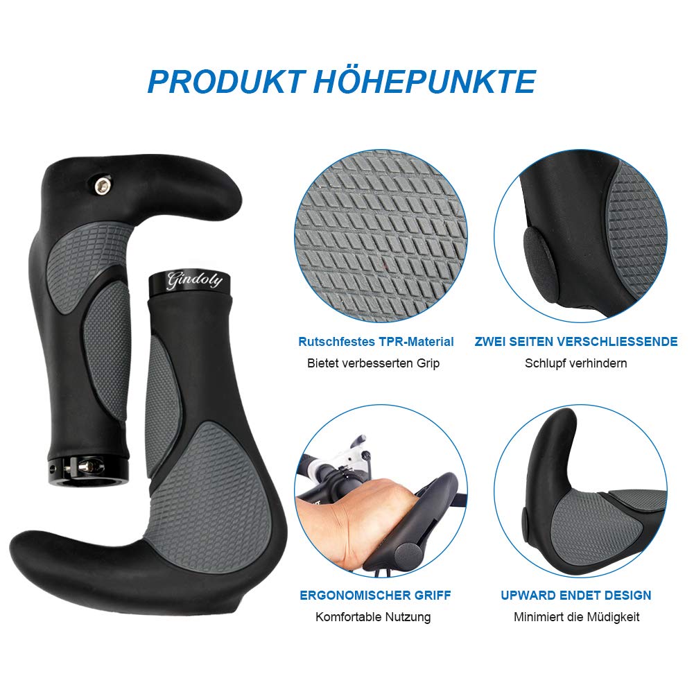 Gindoly bike grips are ergonomically designed for all types of handlebars, providing perfect grip security. These non-slip handlebar grips are suitable for MTB bikes and come in black/gray.