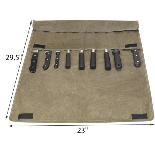 Kitchen knife storage bag, waxed canvas, utensil for knives, roll-up bag with 9 compartments, sheath for kitchen knives measuring up to 29 inches long.