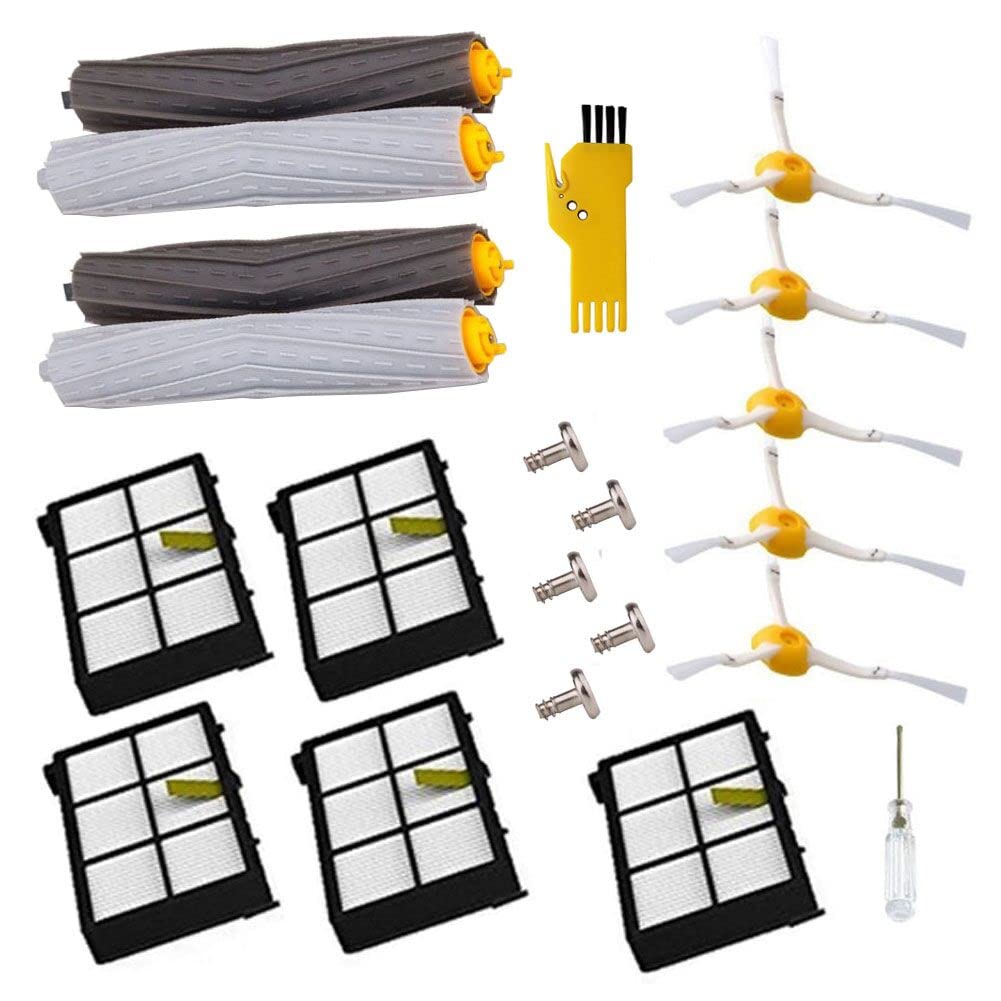 Spare parts for iRobot Roomba 800 900 Series 850 851 860 865 866 870 871 876 880 885 886 890 891 896 900 960 966 980 990. Includes 5 HEPA filters, 5 side brushes, 5 screws, and 4 extractor rollers.