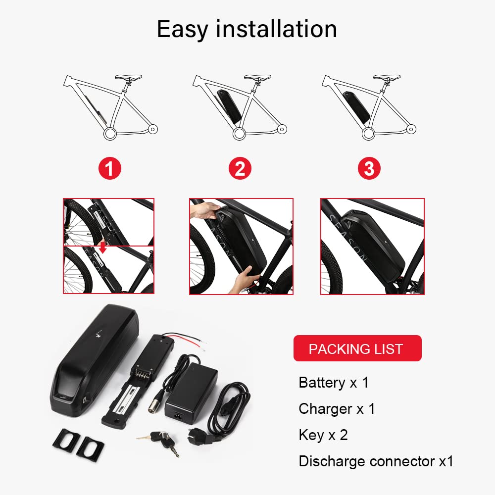 SEASON 36V 48V 52V Ebike Battery Hailong 13-20Ah Ebike Battery fits Electric Bike 1000W / 750W / 500W, Lithium-Ion Battery 4-Pins with Charger.