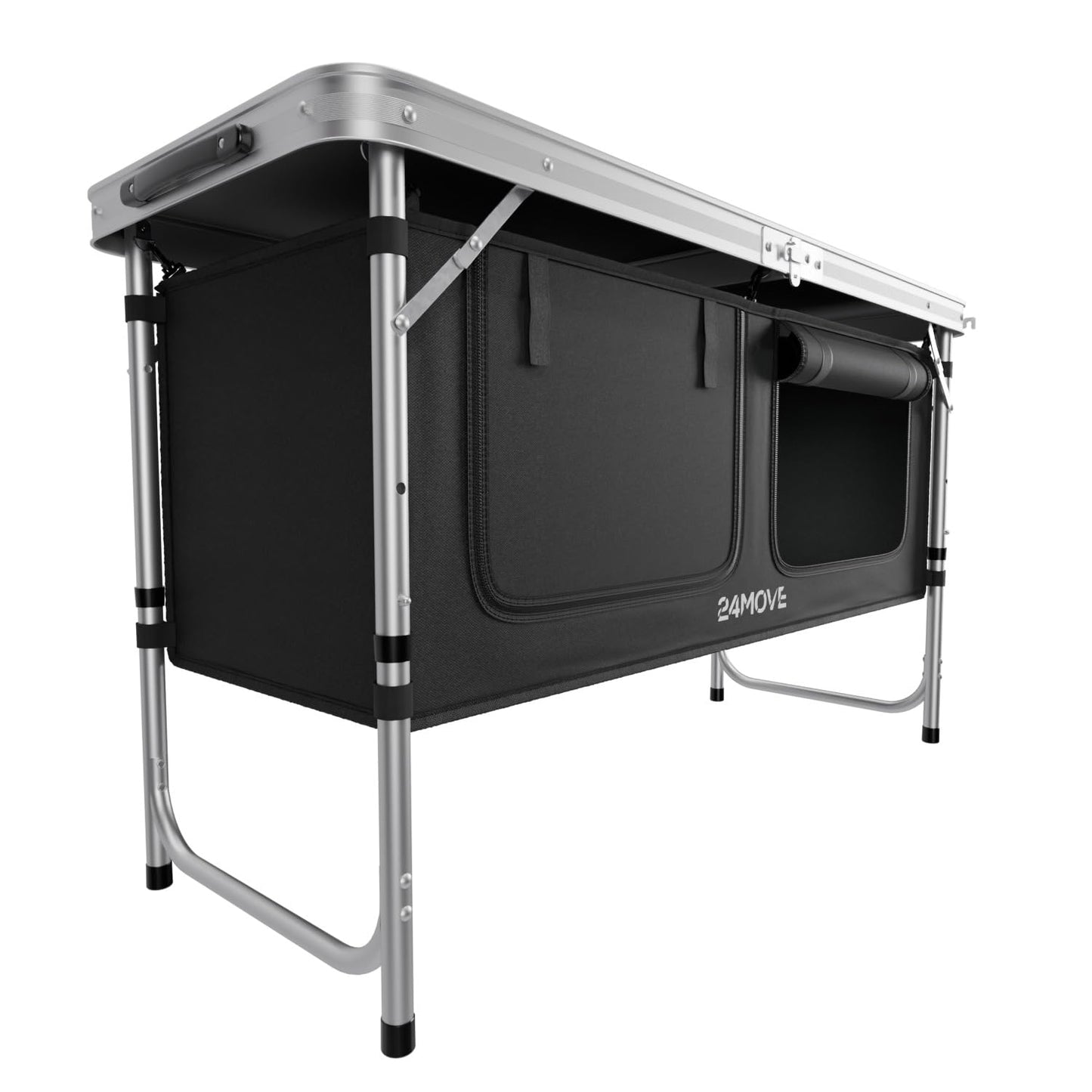 24MOVE® Camping Kitchen Praia, foldable and adjustable camping cupboard made of aluminum with worktop and storage compartments, suitable for outdoor camping, portable.