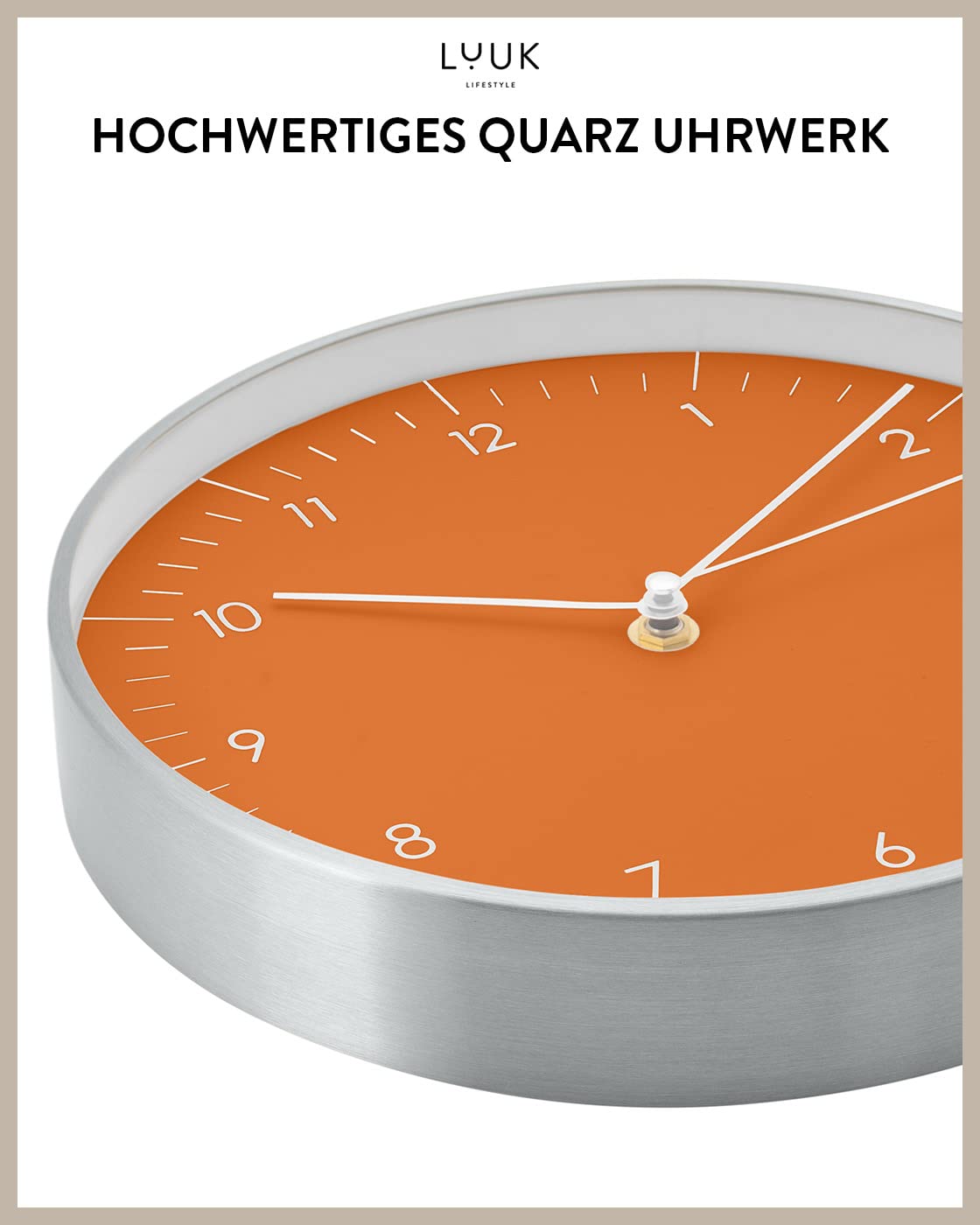 LUUK LIFESTYLE Quartz Wall Clock with Silent Movement, Simple Design, for Office, Kitchen, Bathroom, Housewarming Gift, 24cm in Orange and Silver.