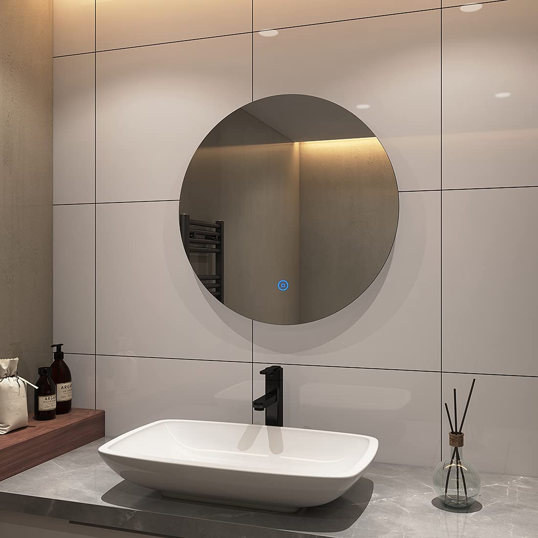 S'AFIELINA Bathroom Mirror with Lighting Round 60cm Diameter LED Bathroom Mirror with Touch Switch Dimmable Round Bathroom Mirror Cool White 6500K IP44 Energy Saving