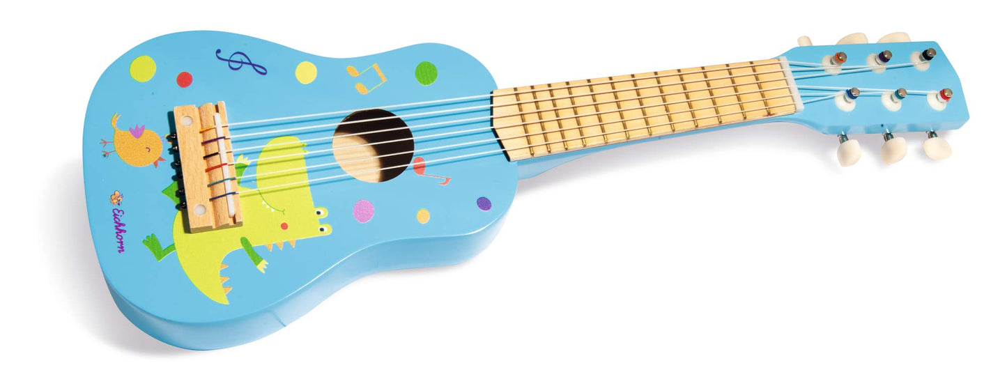 Squirrel - Guitar for Kids - Blue children's guitar, tunable nylon strings, wooden toy, with dinosaur, wooden guitar for boys and girls from 3 years old.