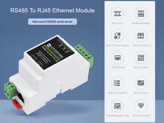 Industrial RS485 to Ethernet Serial Server Modbus Gateway MQTT Gateway TCP/IP to Serial Module, Supports PoE Ethernet Port power supply, with power and signal isolation protection, rail mounting.
