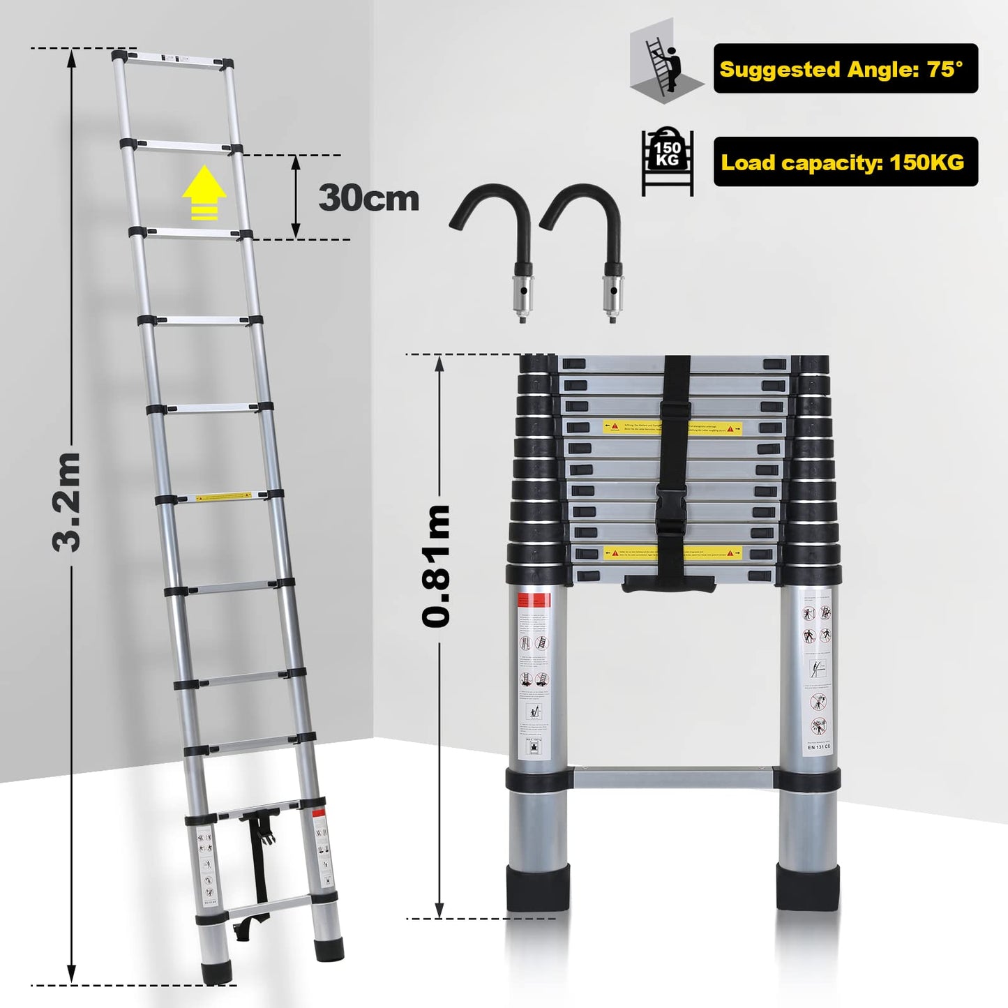 Ansobea Telescoping Ladder Extendable Aluminum, Non-Slip Folding Ladder, Step Ladder Multi-Purpose, 150 kg 330 Pound Capacity, Aluminum Ladder (2.6M with Hooks)