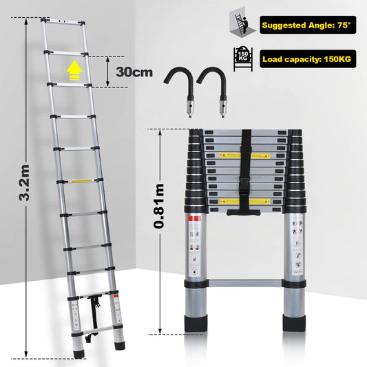 Ansobea Telescoping Ladder Extendable Aluminum, Non-Slip Folding Ladder, Step Ladder Multi-Purpose, 150 kg 330 Pound Capacity, Aluminum Ladder (2.6M with Hooks)