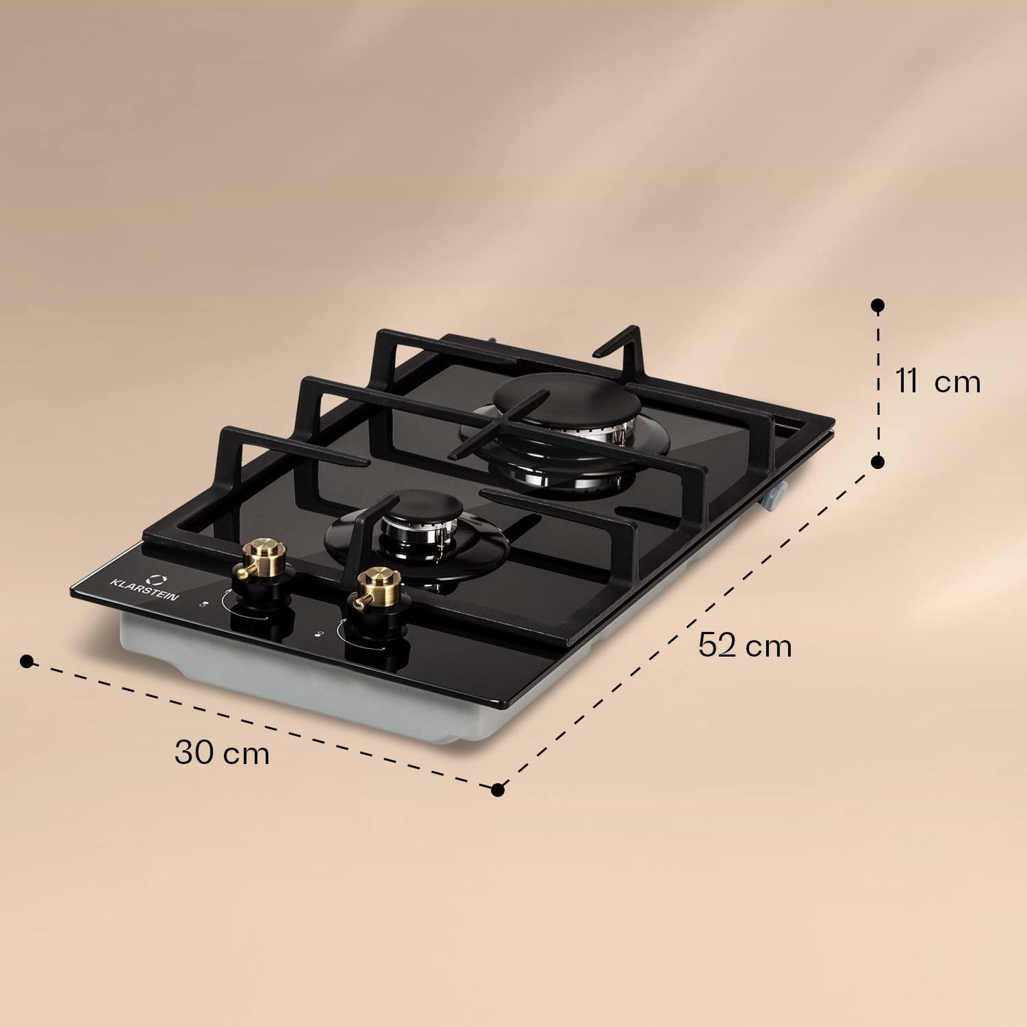 Clearstone Victoria - Gas hob, built-in, Sabaf burners, natural gas/propane, safety valves, automatic shutdown, cast iron pot supports, retro-style ceramic glass, 2 burners, black