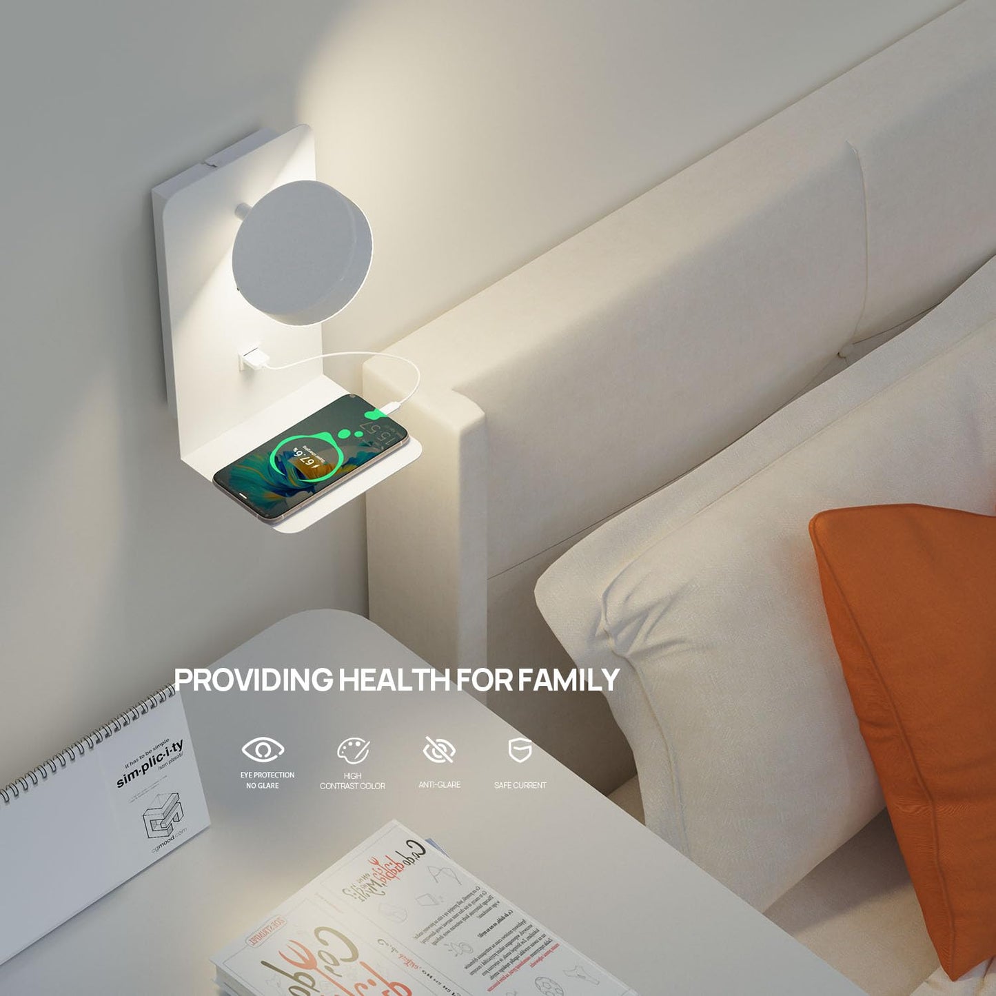 2 pieces of indoor LED wall lights with USB charging port, 12W touch dimmable wall lamp with switch & plug, 350° rotatable reading light wall mounted for bedroom bedside, living room, study hotel.