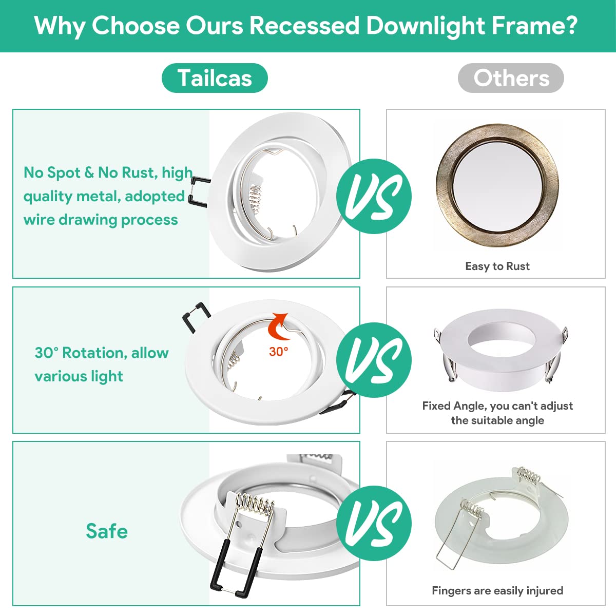 10x recessed spotlight GU10 set with white mounting frame for 230V spots, including GU10 socket, LED with 68mm hole diameter round, 30° tiltable integrated spotlight frame for LED or halogen bulbs.