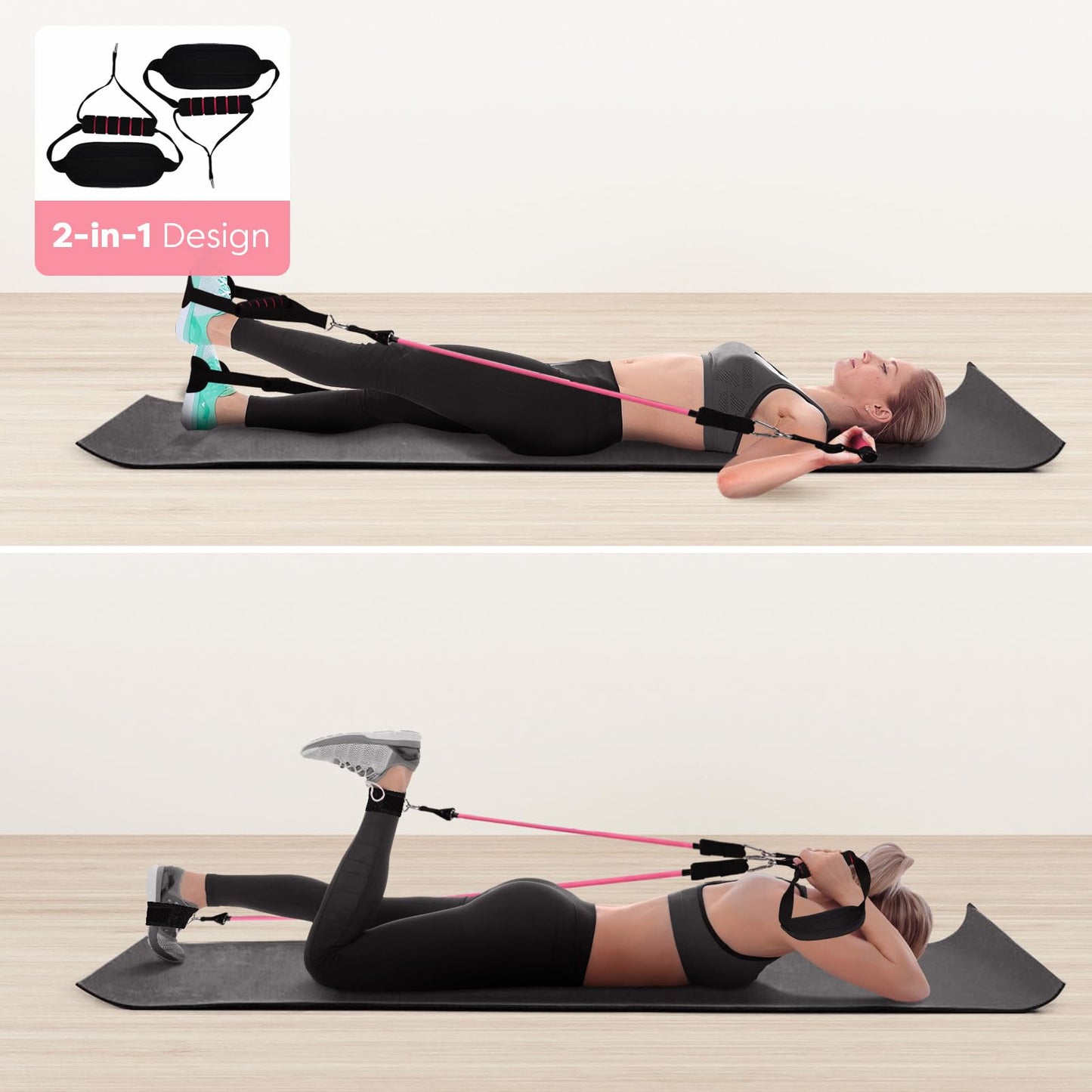 Adjustable Pilates Bar Kit with 6 resistance bands foam handle ankle straps and door anchor for legs hips portable fitness equipment for home for yoga Pilates Stretch shaping Rose