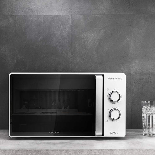 Cecotec Microwave with Grill ProClean 4110. 700W power, 800W grill, 23L capacity, Ready2Clean coating, 3D Wave Technology, 30-minute timer, Full Crystal Door.
