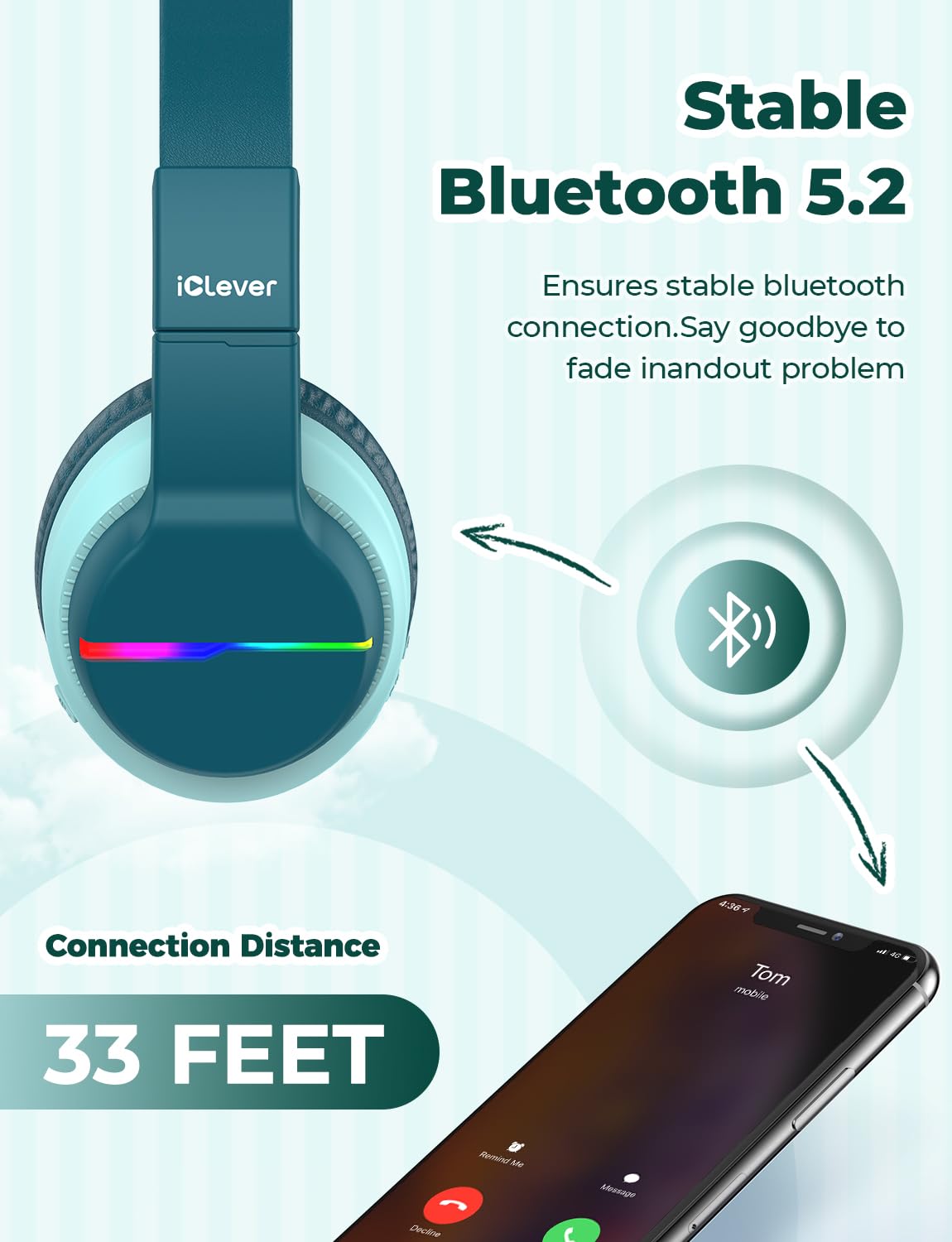 iClever Bluetooth kids headphones, colorful LED lights, over-ear design with 74/85dBA volume limiter, 85 hours of playtime, Bluetooth 5.2, built-in microphone BTH12.