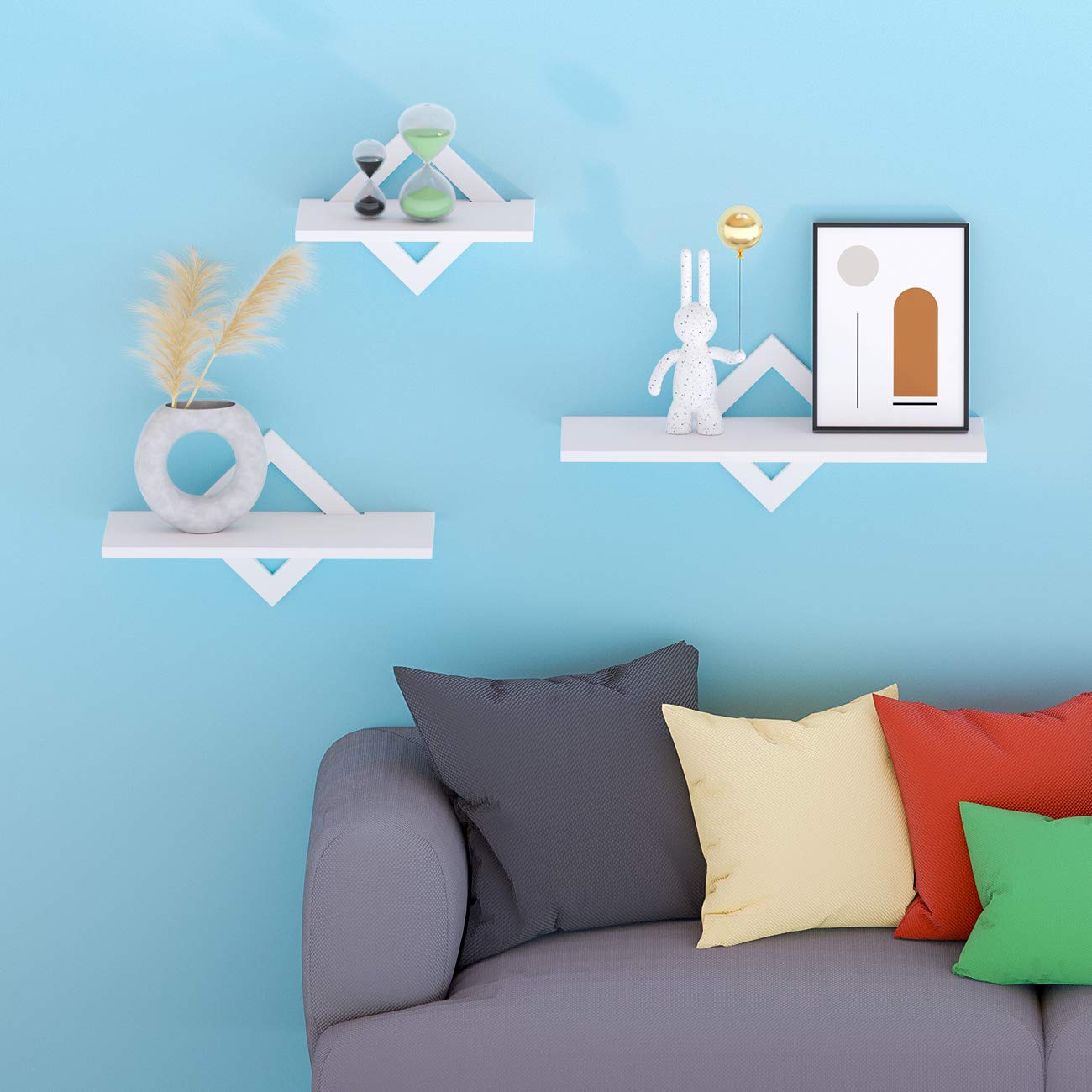 piorlado Wall Shelf Set in white, floating wooden shelf, sturdy wall hanging shelf board for up to 9kg, perfect for living room, bedroom, hallway, kitchen, shelf board lengths of 27/34/42cm.