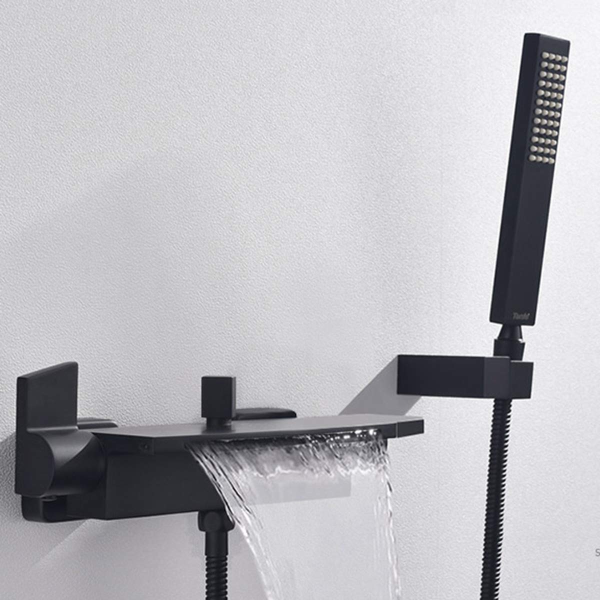 Black bathtub faucet with hand shower, shower systems, waterfall spout, wall mount, single lever mixer faucet for bathroom shower.