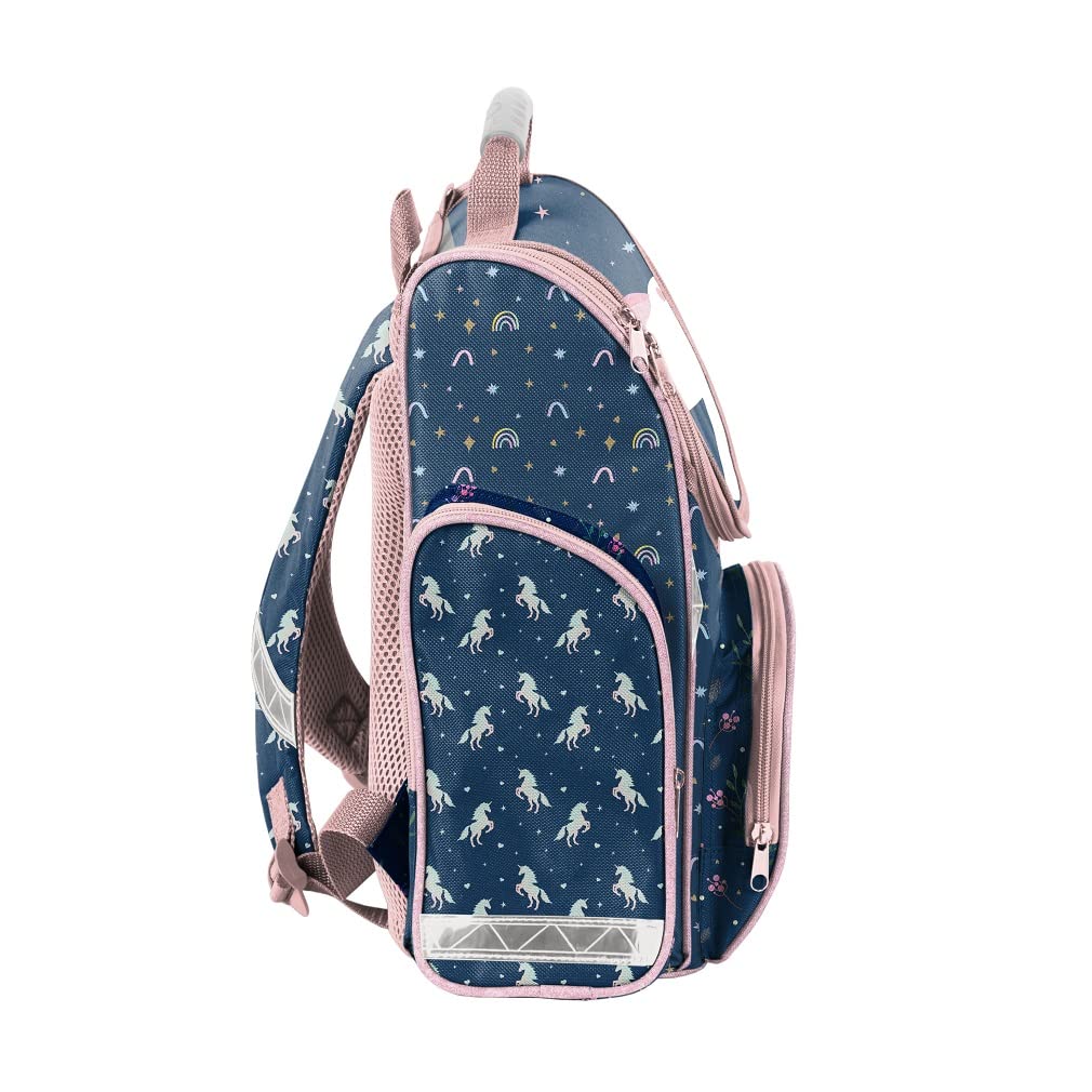 Familando Girl's School Backpack Set Magic Unicorn, 8 pieces, ergonomic backpack with reflectors, suitable from 1st grade with pencil case and sports bag (Unicorn)