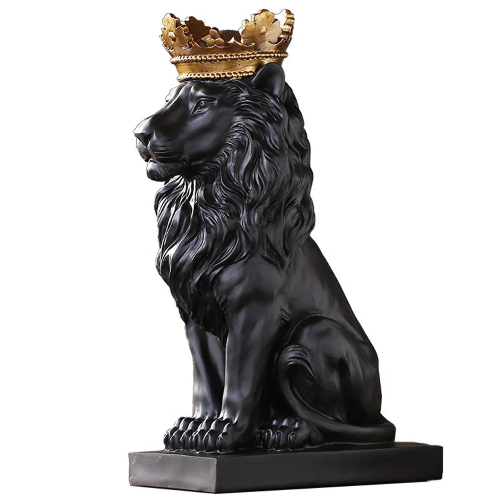 H&W Crown Lion Statue, Black sculptures, Resin Lion figures for men, Art statue ornaments for home office living room bookshelf table desk Housewarming Décor