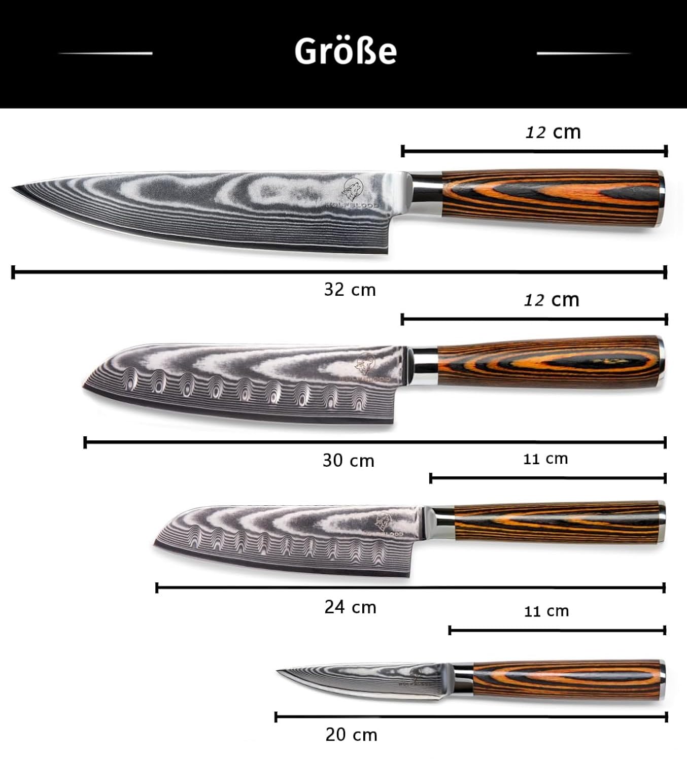 Wolfblood 4-piece damascus knife set (32, 30, 24, and 20 cm) Professional damascus kitchen knife set made of genuine 67 layers of damascus steel I Set includes chef's knife, santoku knife, blade guard, and gift box