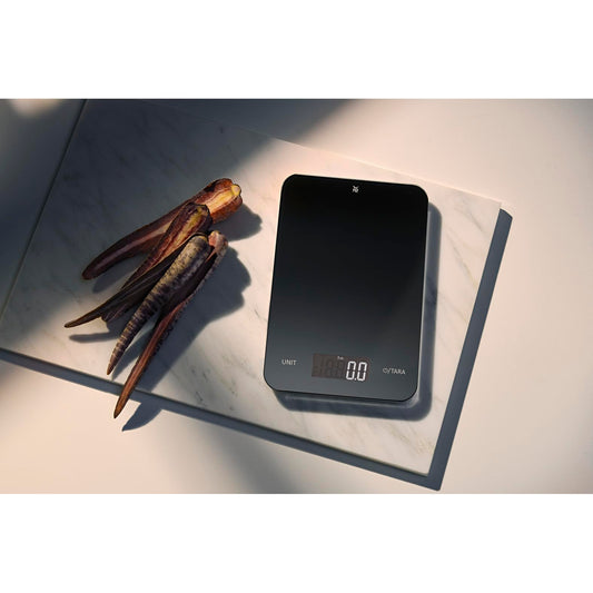 WMF Digital Kitchen Scale black 23 x 15 x 2 cm, baking scale, household scale, digital kitchen scale, safety glass, precise to the gram, tare function, 5kg maximum weight, black