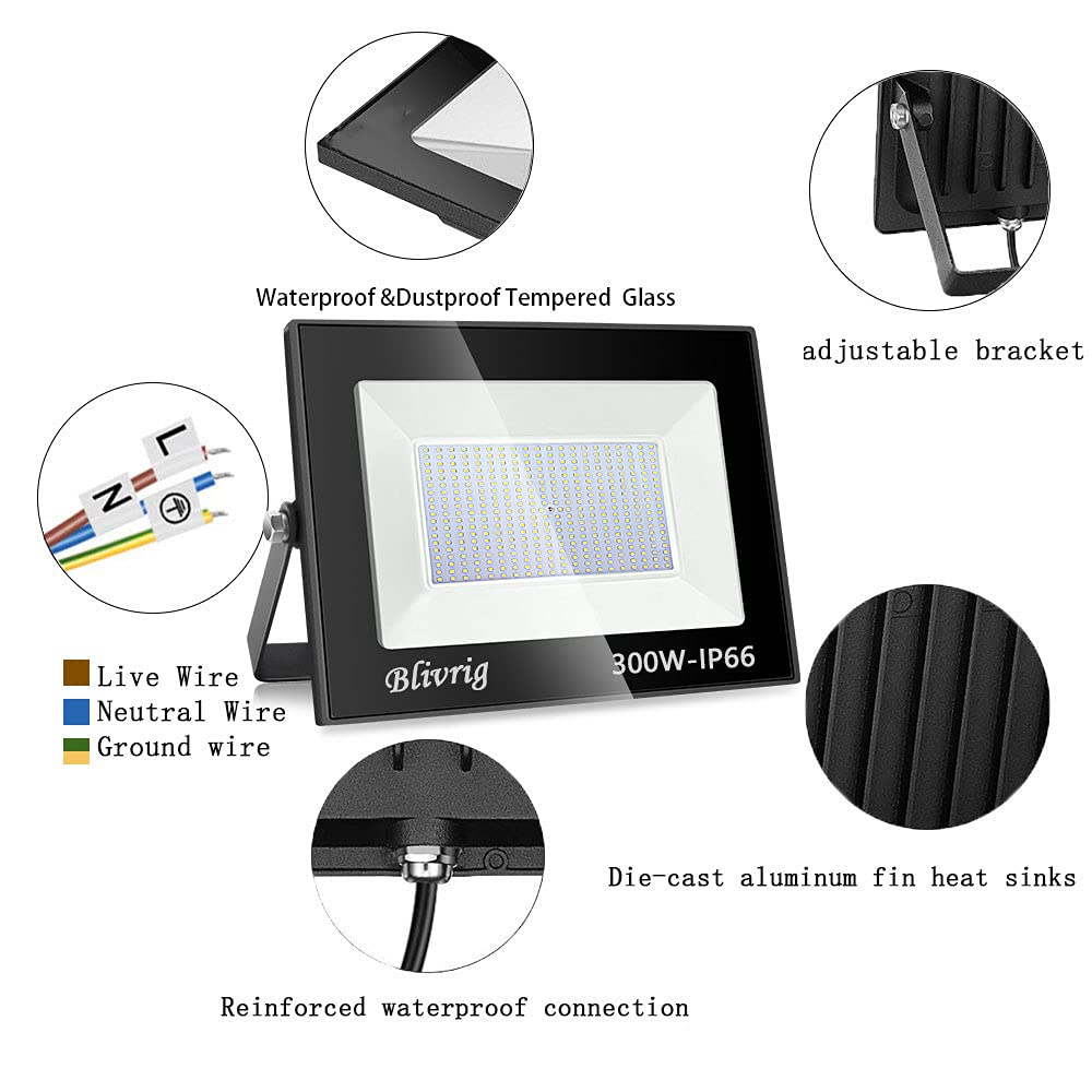 Blivrig 300W LED Floodlight Outdoor Warm White, Outdoor Floodlight, Super Bright 30000LM Floodlight, Outdoor Spotlight IP66 Waterproof, 3000K Outdoor Spotlight, Warm Floodlight, for Garden, Garage (Warm White, 300W)