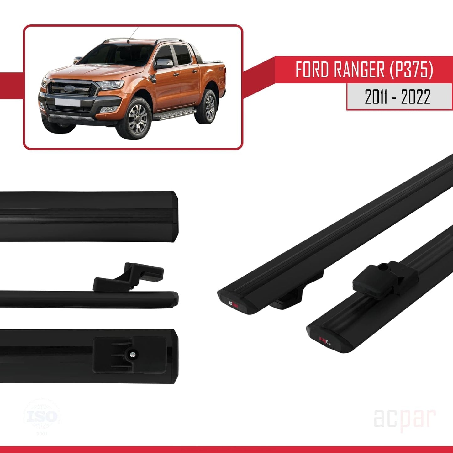 acpar Compatible with Ford Ranger (P375) 2011-2022 Basic Model Roof Rack Cross Bars Black Aluminum 2 Bars