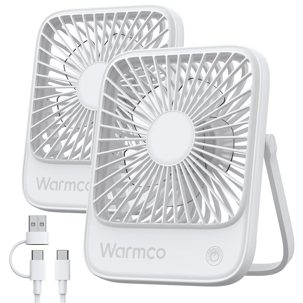 Warmco USB Fan 2 Pack USB-C Wired Personal Desk Fan with strong airflow and quiet operation, 3 speeds, compact and foldable, perfect for office and home use.