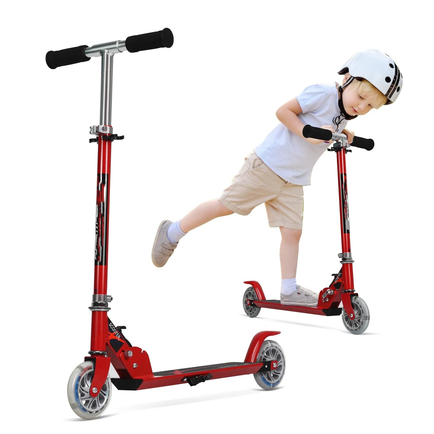 GYMAX Foldable Kids Scooter, Children's Scooter with LED light-up wheels, Kick scooter 3 height adjustable up to 70kg load-bearing capacity, Kick scooter for boys & girls aged 4 years and above (Red)