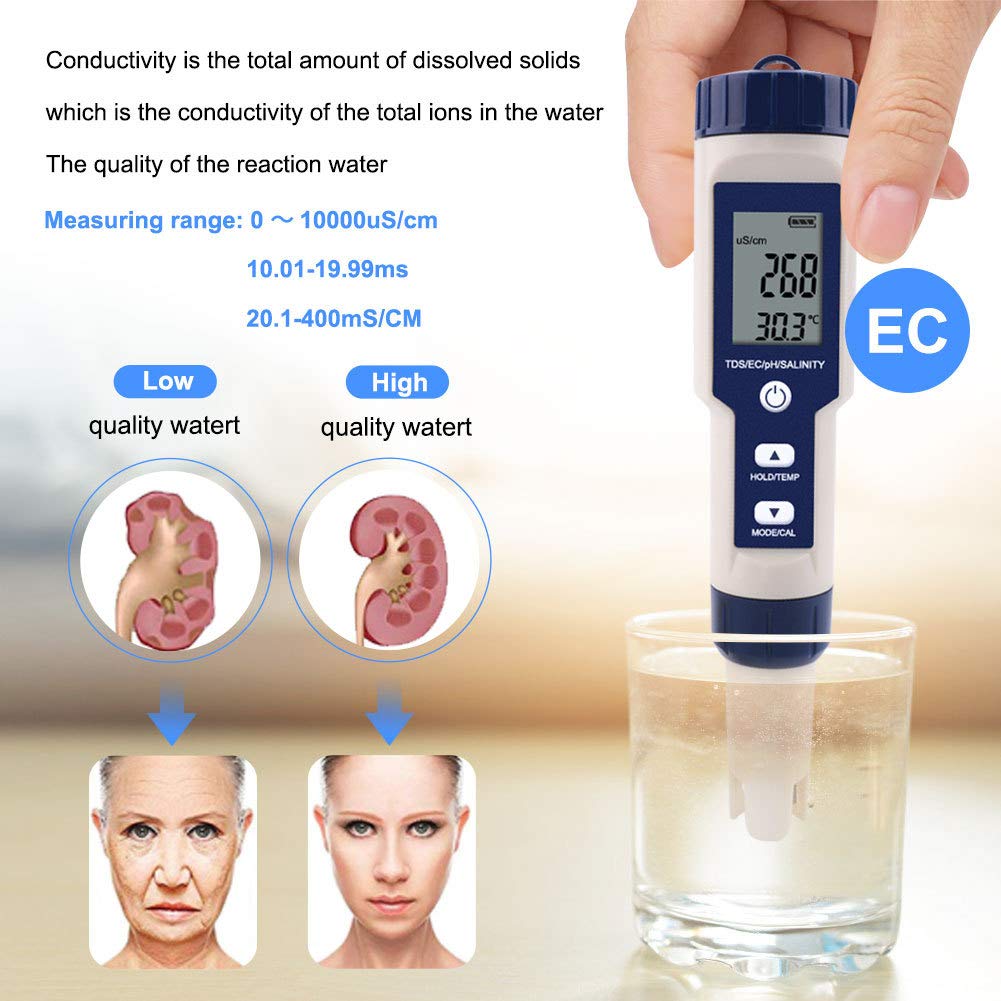 Meichoon 5 in 1 TDS/EC/pH/Salinity/Temperature Meter Digital Water Quality Tester for Hydroponics Aquariums Pools Drinking Water DH12