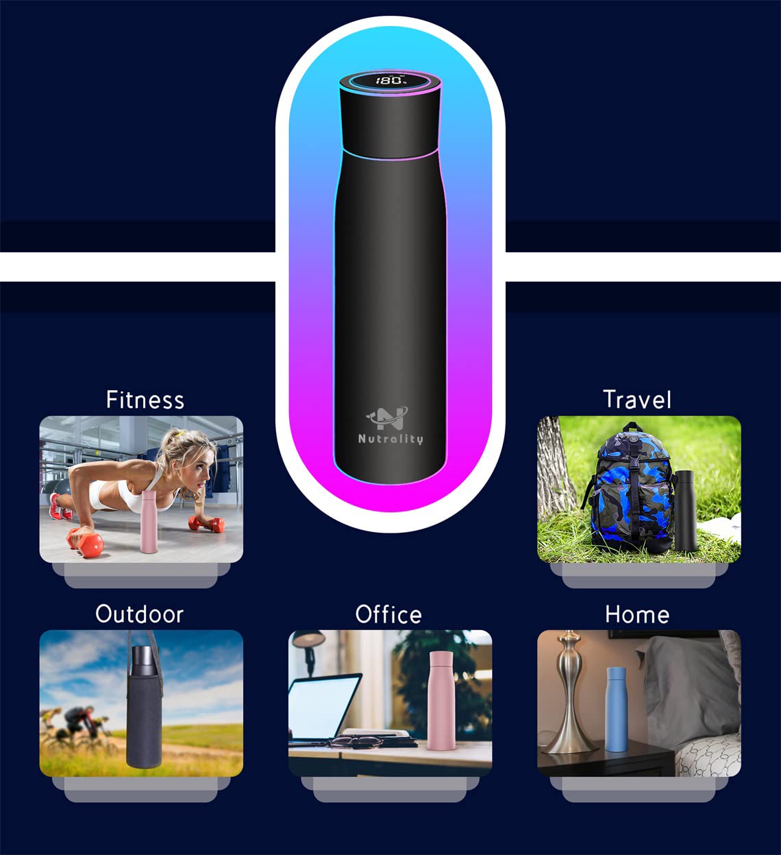 Nutrality UV-filtered 500ml water bottle - Stainless steel self-cleaning water purifier with LED temperature display lid & drink reminder function - Camping, hiking, traveling, sports (black)
