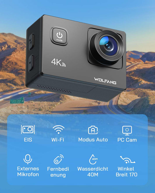 WOLFANG GA100 Action Cam 4K 20MP underwater camera WiFi 40M waterproof EIS stabilizer helmet camera 170° wide angle camcorder (external microphone, 2.4G remote control, 2 batteries and accessory kit)