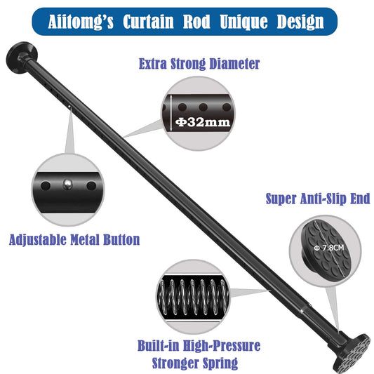 Automg 3M Extra Long Telescopic Pole without drilling Curtain Rod Extendable Telescopic Clothes Rail for Bathroom, Bedroom Black (300-355CM Φ32mm)