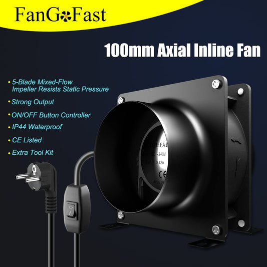 FanGoFast 100mm axial pipe fan, 180mΒ³/h axial exhaust fan duct fan with two clamps and 2m hose for grow tent, garage, tool room, office