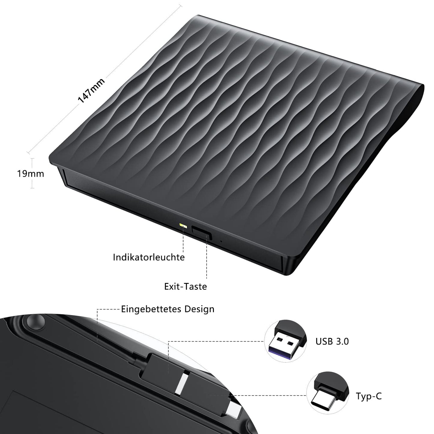LPUNCD External DVD CD Drive External USB 3.0 & Type-C, 2025 Upgrade External DVD Drive for Laptop External CD/DVD Burner +/-RW for Desktop, Compatible with Windows 11/10/XP/8/7/Vista/Linux/MacOS