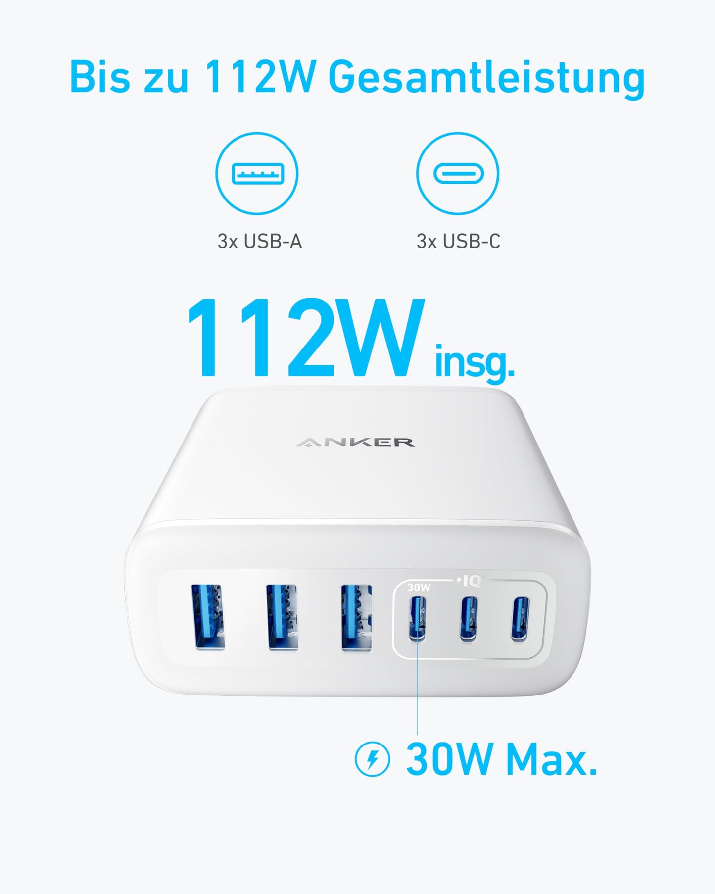 Anchor USB-C charger, 6-port charging station with 112W output power, for iPhone 17/16/15 series, MacBook Air, Pixel, Galaxy, iPad, and more (No charging cable included)