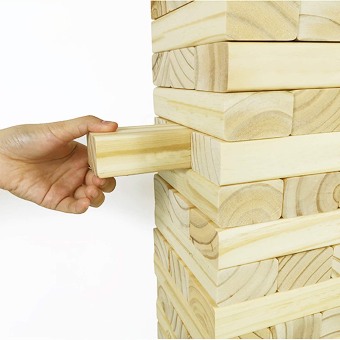 Jac & Mok Giant Tumble Tower game made of pine wood. Includes 60 building blocks and a carrying bag for outdoor fun.
