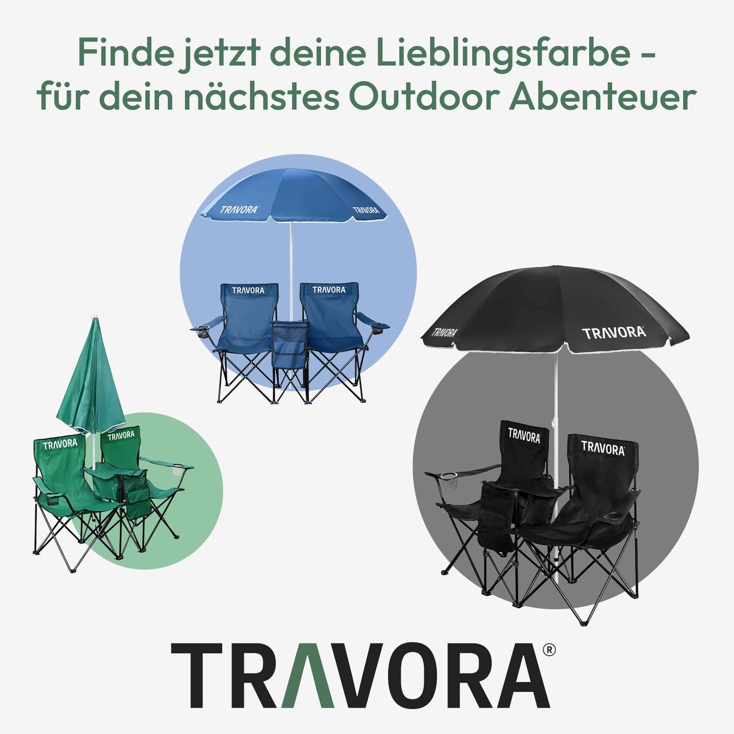 TRAVORA 2-person partner camping chair with sunshade and cooler compartment and logo - folding camping chair for two people - folding chair camping - camping chair fishing chair as a double seater (green)