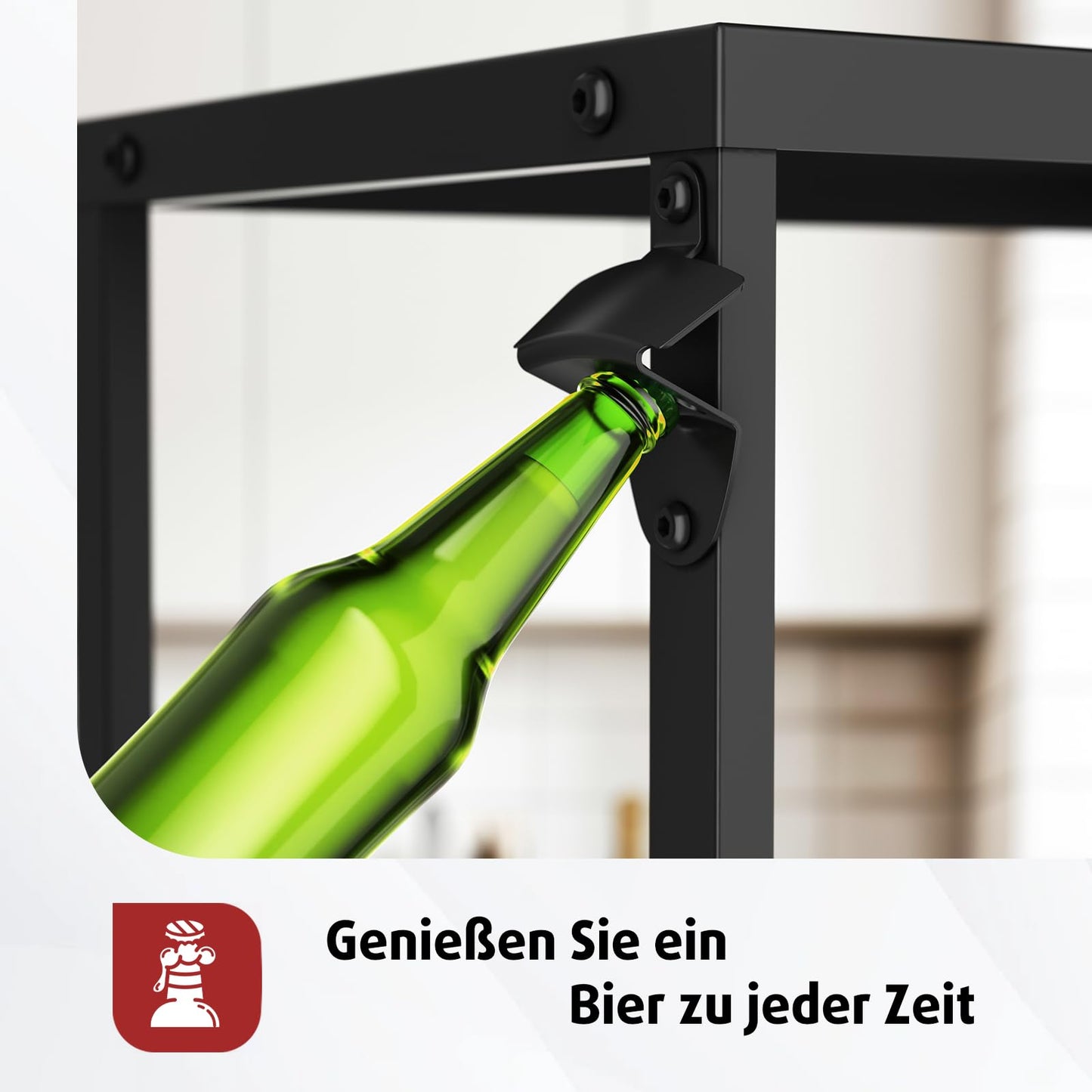 Rainsworth narrow beverage crate shelf in black with metal grid holder, 33W x 50D x 98H cm. Holds 2 crates with adjustable feet. Small beverage shelf.